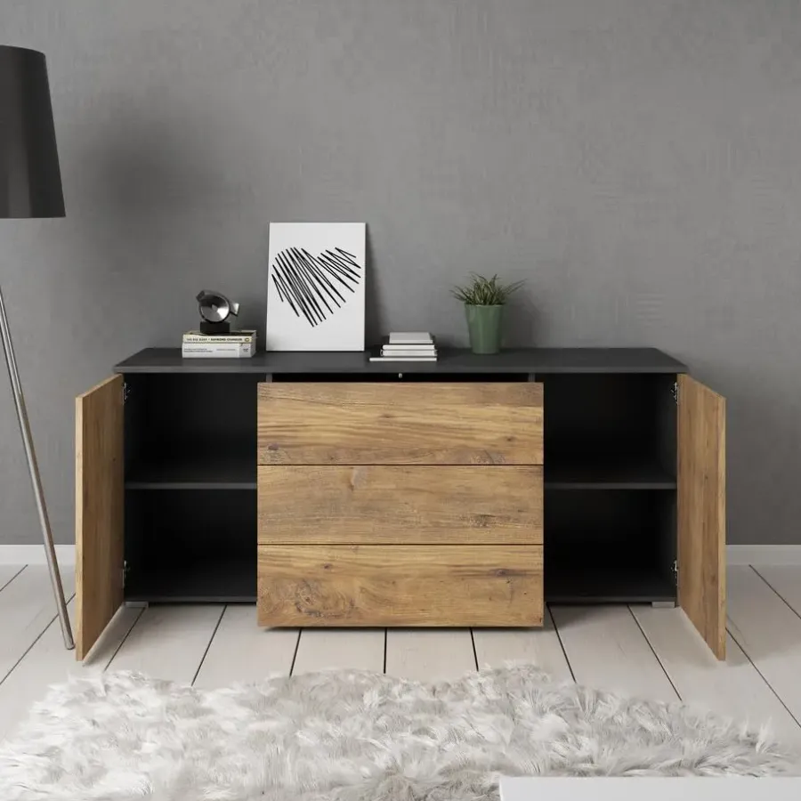Dressoirs-Meubella - Pure - Dressoir - Eiken/Grijs - 150x39x68 cm