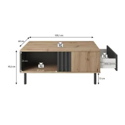 Salontafels-Meubella - Salontafel Marcos - Eiken - Antraciet - 100 cm