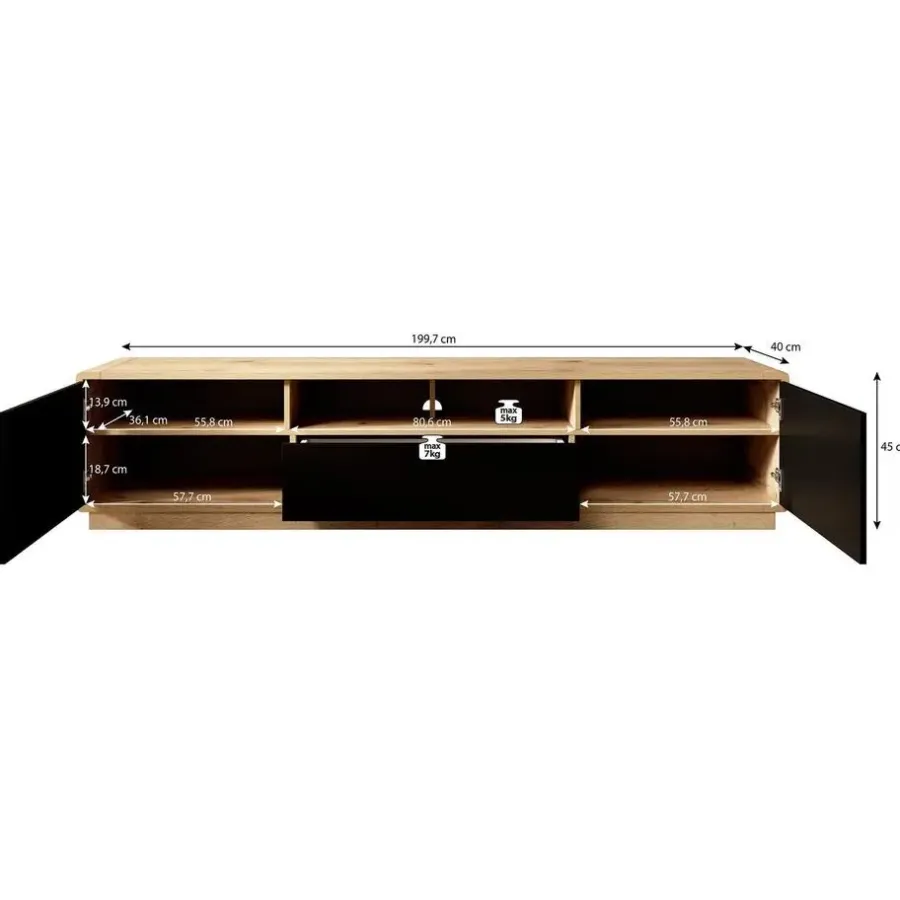 Meubella - TV-Meubel Acuna - Mat zwart - Eiken - 200 cm