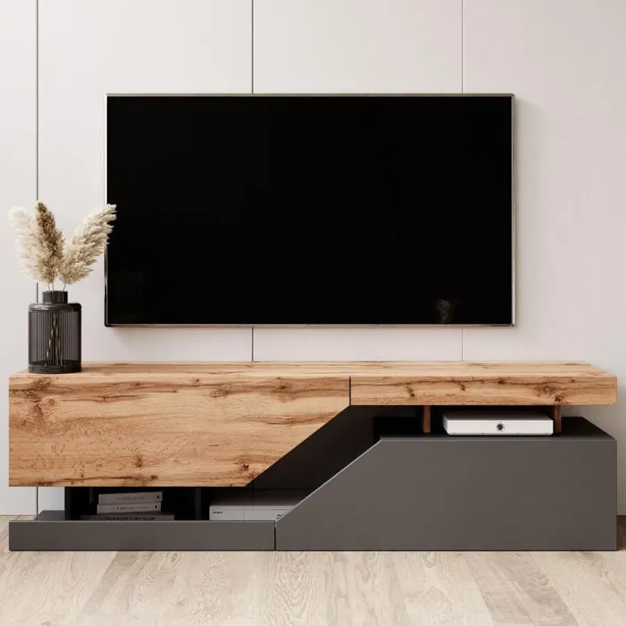 Meubella - TV-Meubel Canberra - Eiken - Antraciet - 160 cm