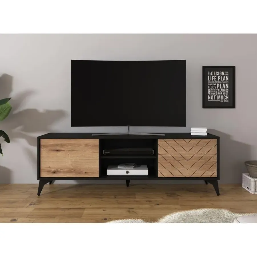 Tv Meubels-Meubella - TV-Meubel Dolores - Eiken - Zwart - 153 cm