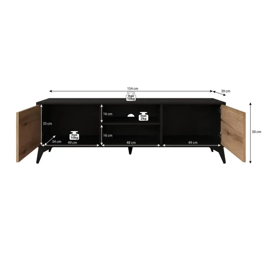 Tv Meubels-Meubella - TV-Meubel Dolores - Eiken - Zwart - 153 cm