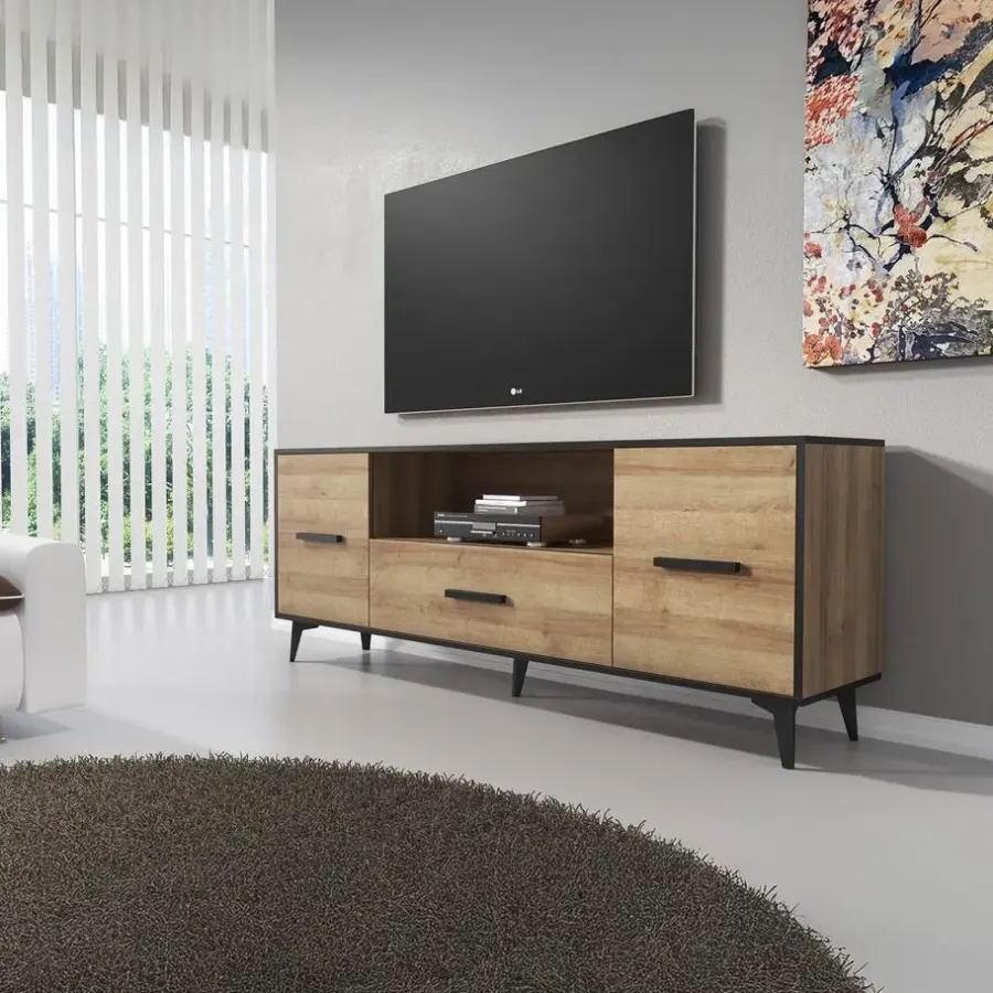Tv Meubels-Meubella - TV-Meubel Frey - Licht eiken - Zwart - 179 cm