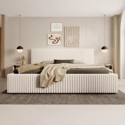 2-Persoons Bedden-Meubella - Tweepersoonsbed Infinity - Beige - Fluffy ribstof - 180x200 cm