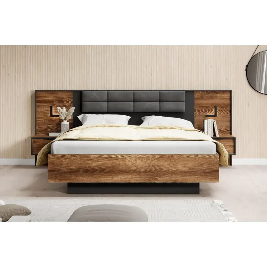 2-Persoons Bedden-Meubella - Tweepersoonsbed Mulvey - Eiken - Antraciet - 160x200 cm