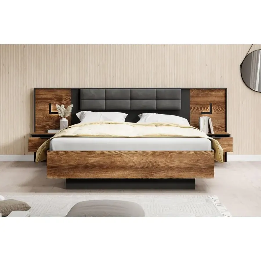 2-Persoons Bedden-Meubella - Tweepersoonsbed Mulvey - Eiken - Antraciet - 160x200 cm