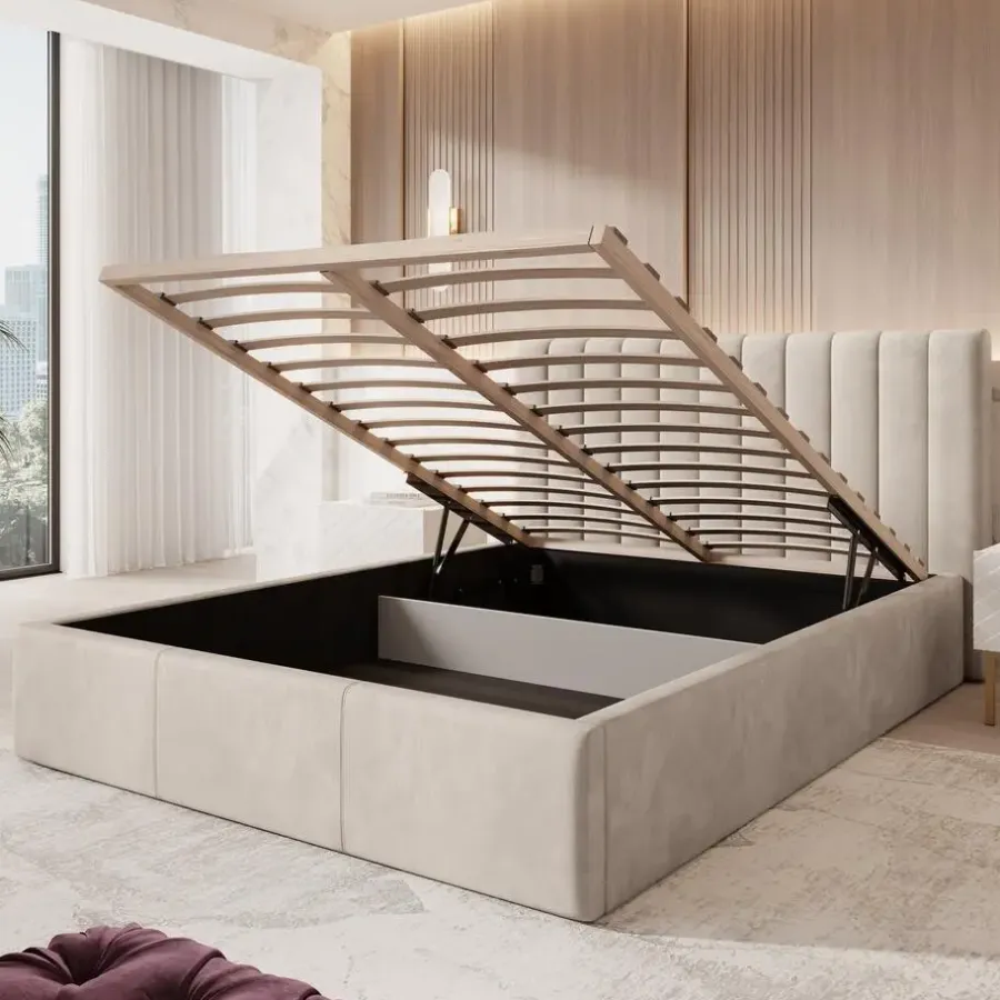 Meubella - Tweepersoonsbed Chief - Beige - Velvet - 160x200 cm