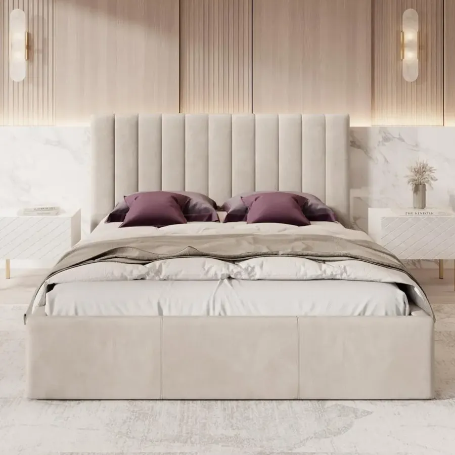 Meubella - Tweepersoonsbed Chief - Beige - Velvet - 160x200 cm