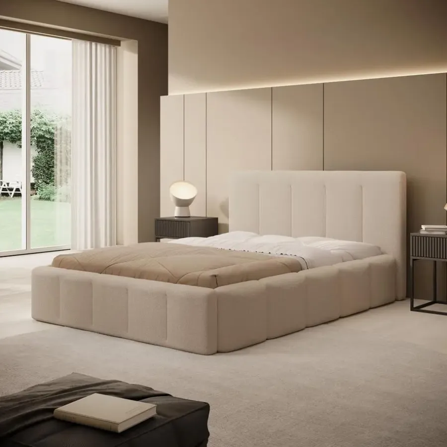 Meubella - Tweepersoonsbed Excalibur - Beige teddystof - 140x200 cm