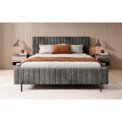 2-Persoons Bedden-Meubella - Tweepersoonsbed Ventum - Donkergrijs velvet - 160x200 cm