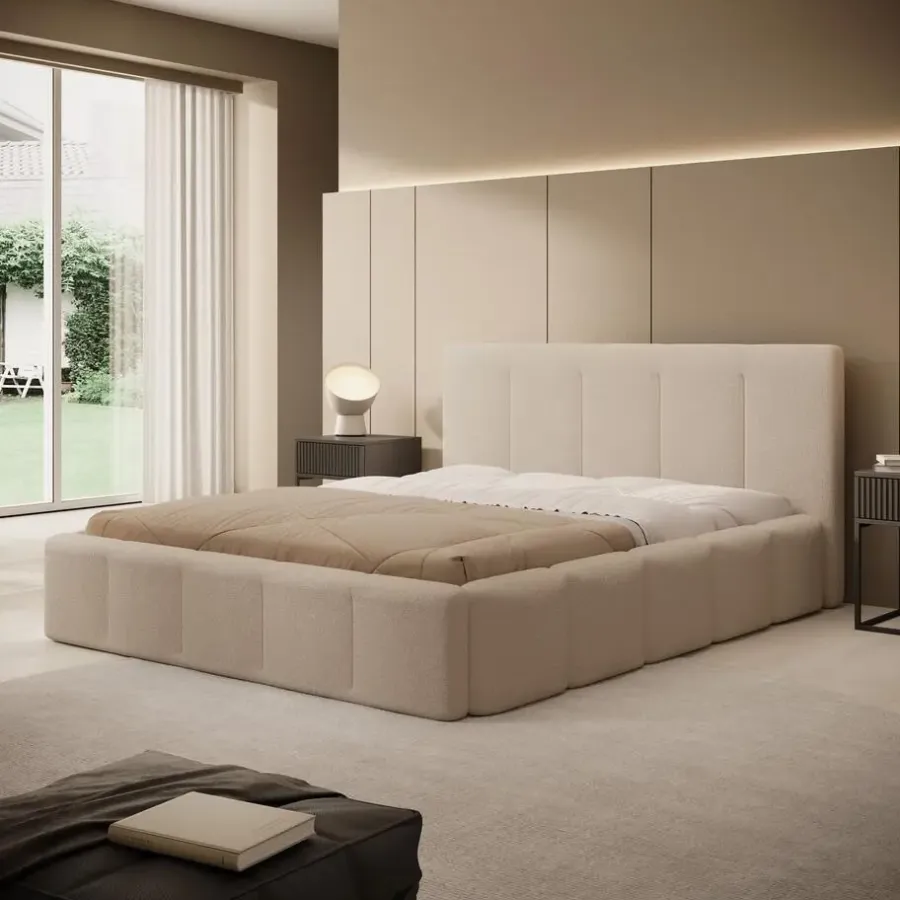 Meubella - Tweepersoonsbed Excalibur - Beige teddystof - 160x200 cm