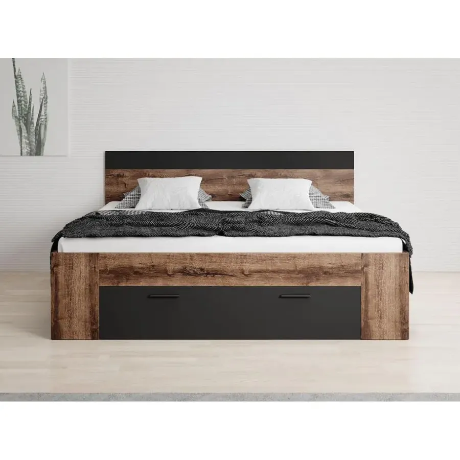 2-Persoons Bedden-Meubella - Tweepersoonsbed Brown - Zwart - Eiken - 180x200 cm