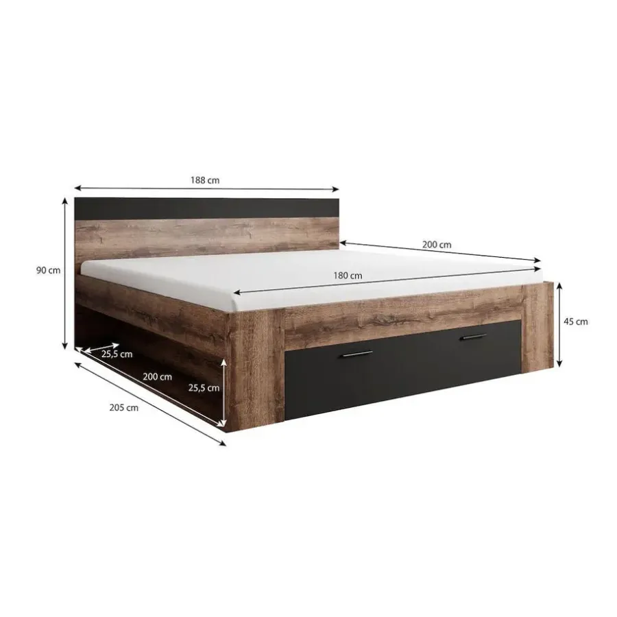 2-Persoons Bedden-Meubella - Tweepersoonsbed Brown - Zwart - Eiken - 180x200 cm
