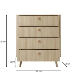 Meubella - Voorne - Ladekast 4 lades - Eiken - 88x38x103 cm