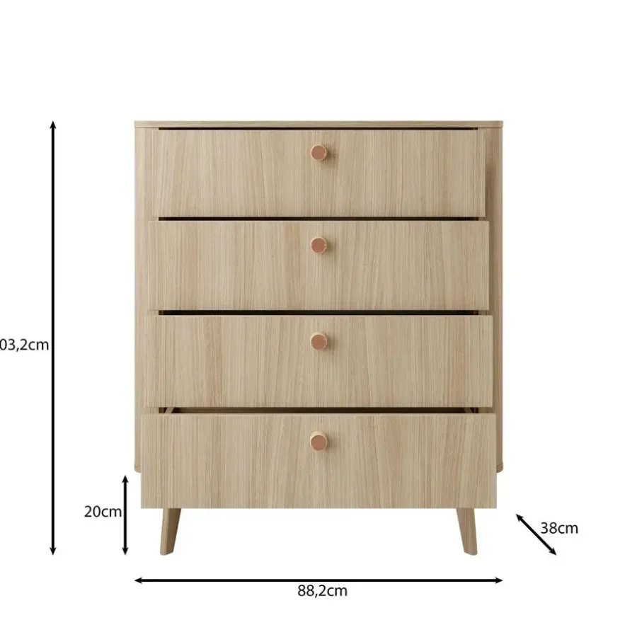 Meubella - Voorne - Ladekast 4 lades - Eiken - 88x38x103 cm