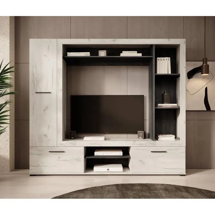 Tv Meubels-Meubella - Wandmeubel Loni - Wit eiken - Zwart eiken