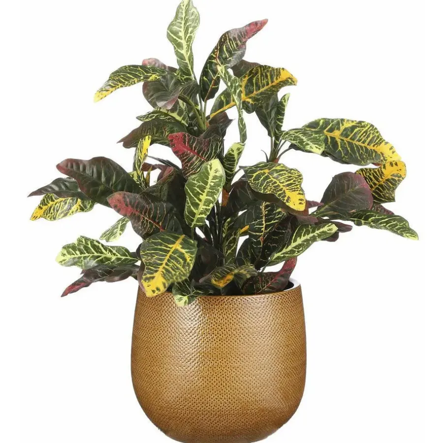 Mica Decorations Bloempot - okergeel - keramiek - ribbel - 14 x 12 cm