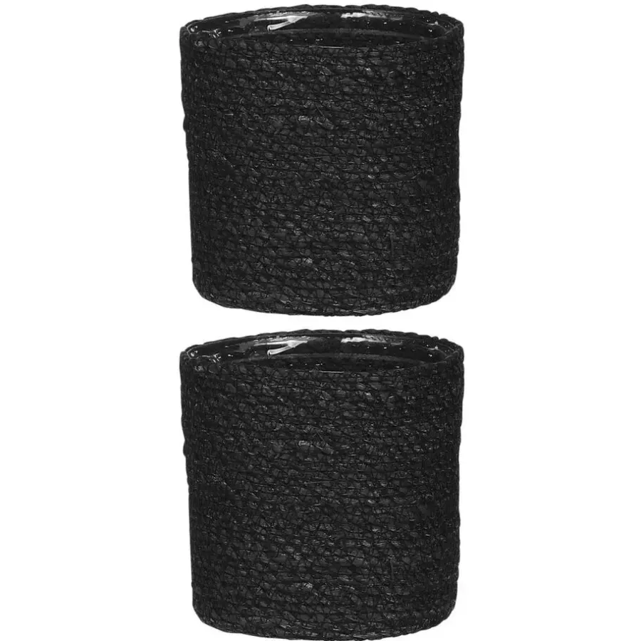Bloempotten-Mica Decorations Bloempot - rotan - zwart - jute - 14 x 14 cm