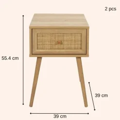 MISOU Nachtkastje Met Lade Set van 2 Rotan Webbing Hout