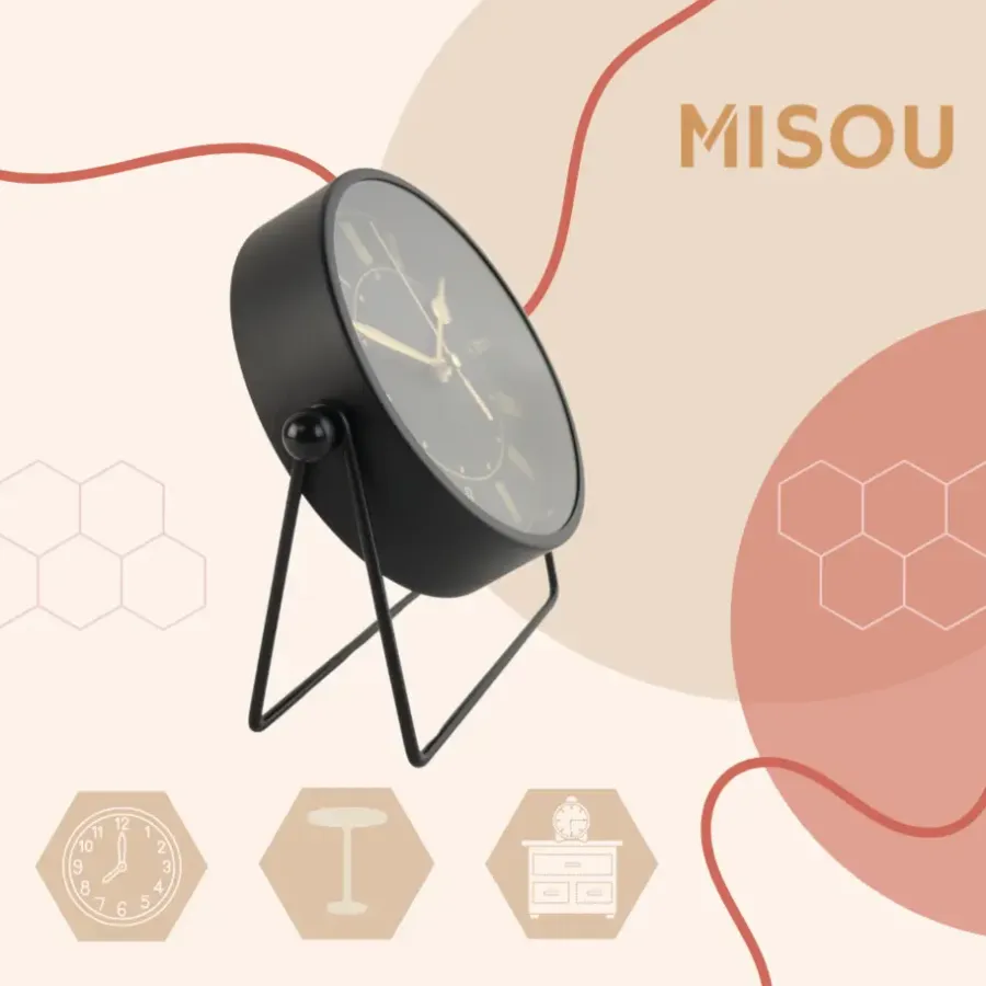 MISOU Tafelklok Zwart Metaal Goude Wijzerplaat 19cm