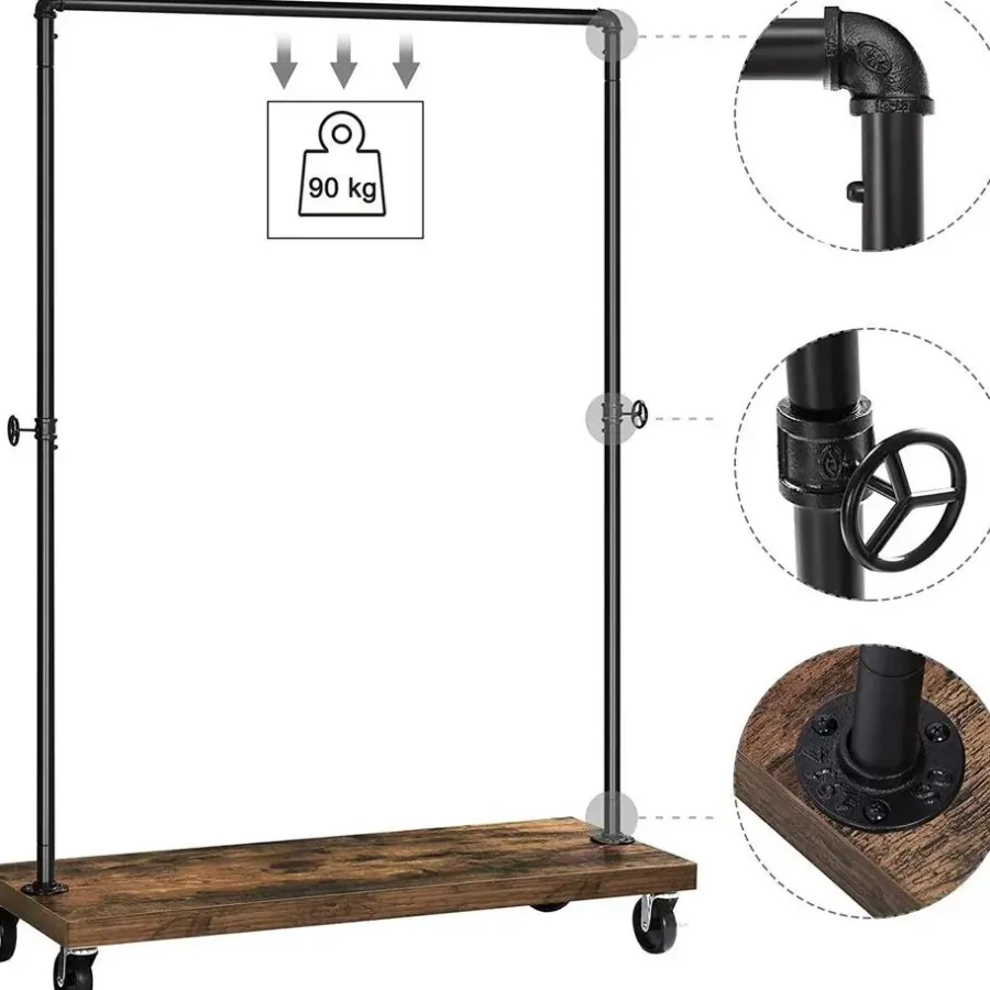 Merkloos Mobiel kledingrek - rustiek heavy-duty - 1 rail - industrieel design - bruin