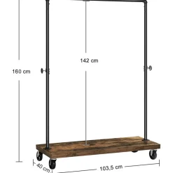 Merkloos Mobiel kledingrek - rustiek heavy-duty - 1 rail - industrieel design - bruin