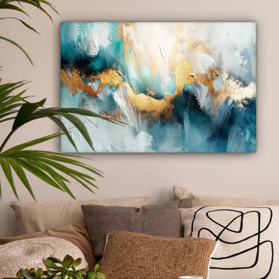 Schilderijen-MuchoWow Canvas Schilderij 90x60cm Abstract Kunst Gold Blauw