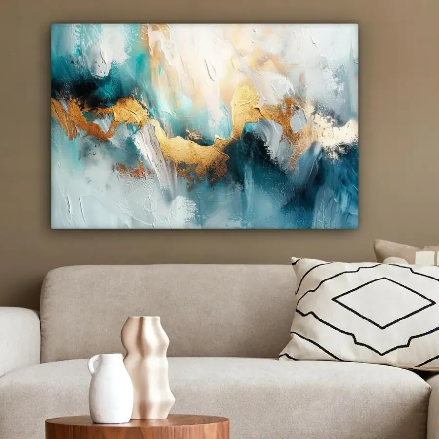 Schilderijen-MuchoWow Canvas Schilderij 90x60cm Abstract Kunst Gold Blauw