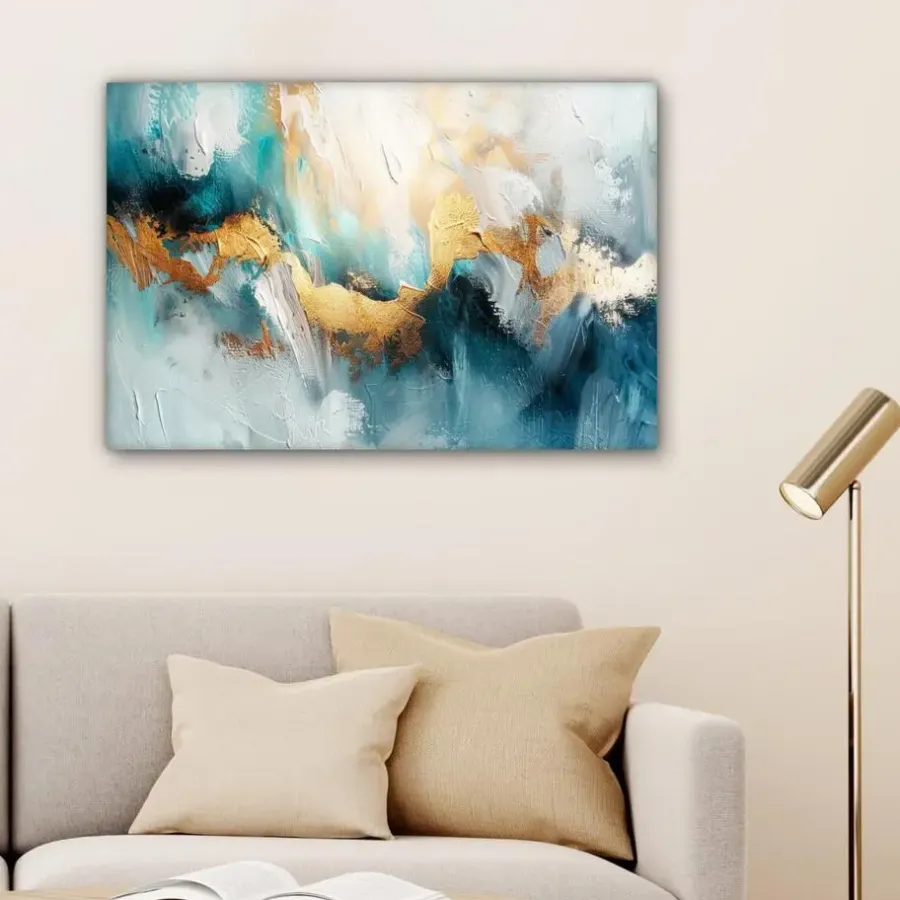 Schilderijen-MuchoWow Canvas Schilderij 90x60cm Abstract Kunst Gold Blauw