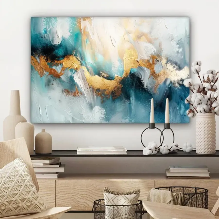 Schilderijen-MuchoWow Canvas Schilderij 90x60cm Abstract Kunst Gold Blauw