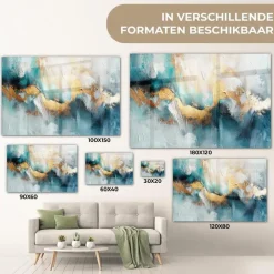 Schilderijen-MuchoWow Glasschilderij 90x60cm Abstract Kunst Gold Blauw
