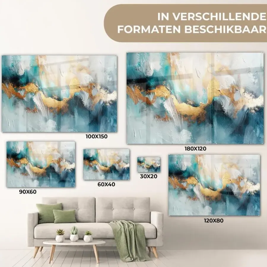 Schilderijen-MuchoWow Glasschilderij 90x60cm Abstract Kunst Gold Blauw