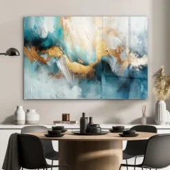 Schilderijen-MuchoWow Glasschilderij 90x60cm Abstract Kunst Gold Blauw
