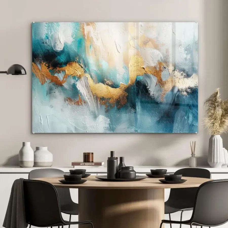 Schilderijen-MuchoWow Glasschilderij 90x60cm Abstract Kunst Gold Blauw