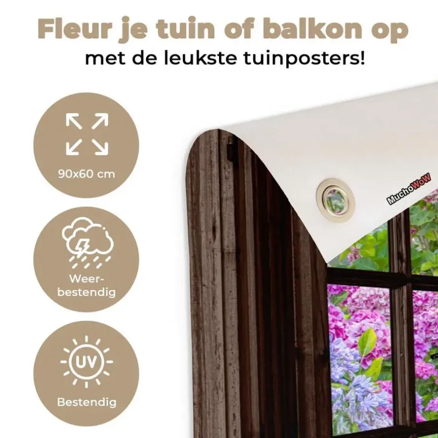 MuchoWow Tuinposter 90x60cm Hortensia Doorkijk Bloemen Paars