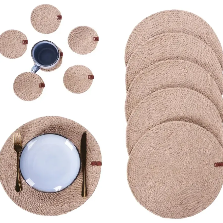 Placemats-Leen Bakker MUNTRIES - Set van 12 placemats en onderzetters - Natuurlijk - Jute