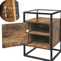 Merkloos Nachtkastje - uit hout en gehard glas - met kast - industriële stijl - Bruin