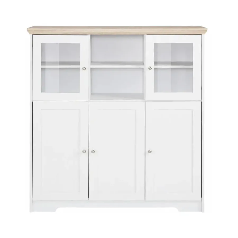 Buffetkasten-Loft24 Nanna - Kast met 2 glazen deuren en 3 deuren in wit / eiken effect