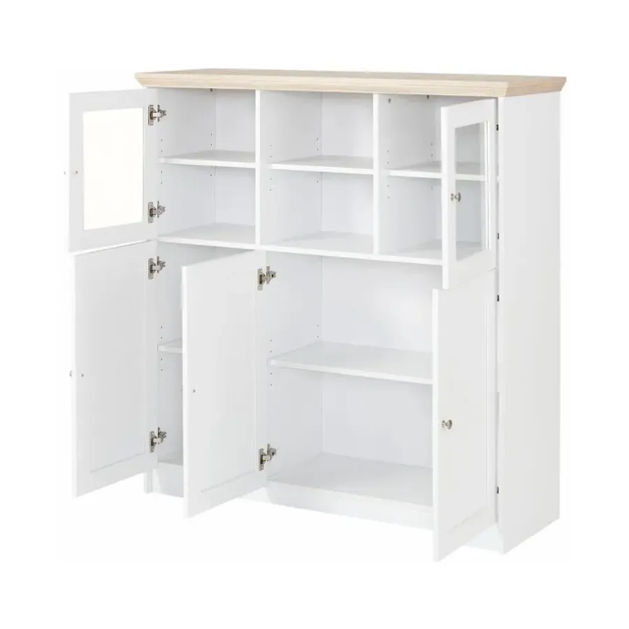 Buffetkasten-Loft24 Nanna - Kast met 2 glazen deuren en 3 deuren in wit / eiken effect