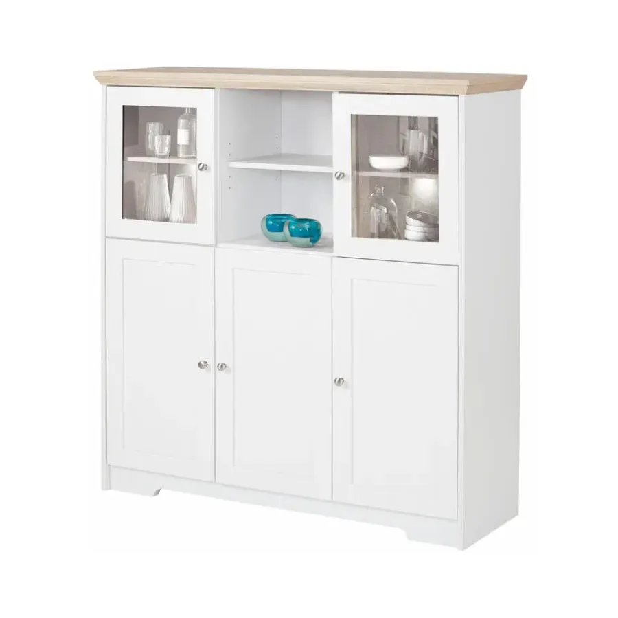 Buffetkasten-Loft24 Nanna - Kast met 2 glazen deuren en 3 deuren in wit / eiken effect