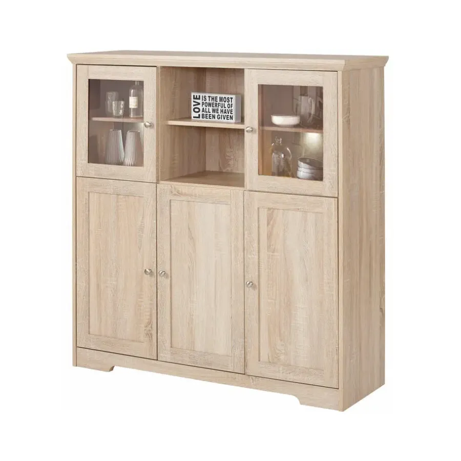 Buffetkasten-Loft24 Nanna - Kast met 2 glazen deuren en 3 deuren in eiken effect