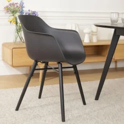 Eetkamerstoelen-Leen Bakker Nolon Nena-Puk Eetkamerstoel Zwart - Armleuning - Zwarte Houten Poten
