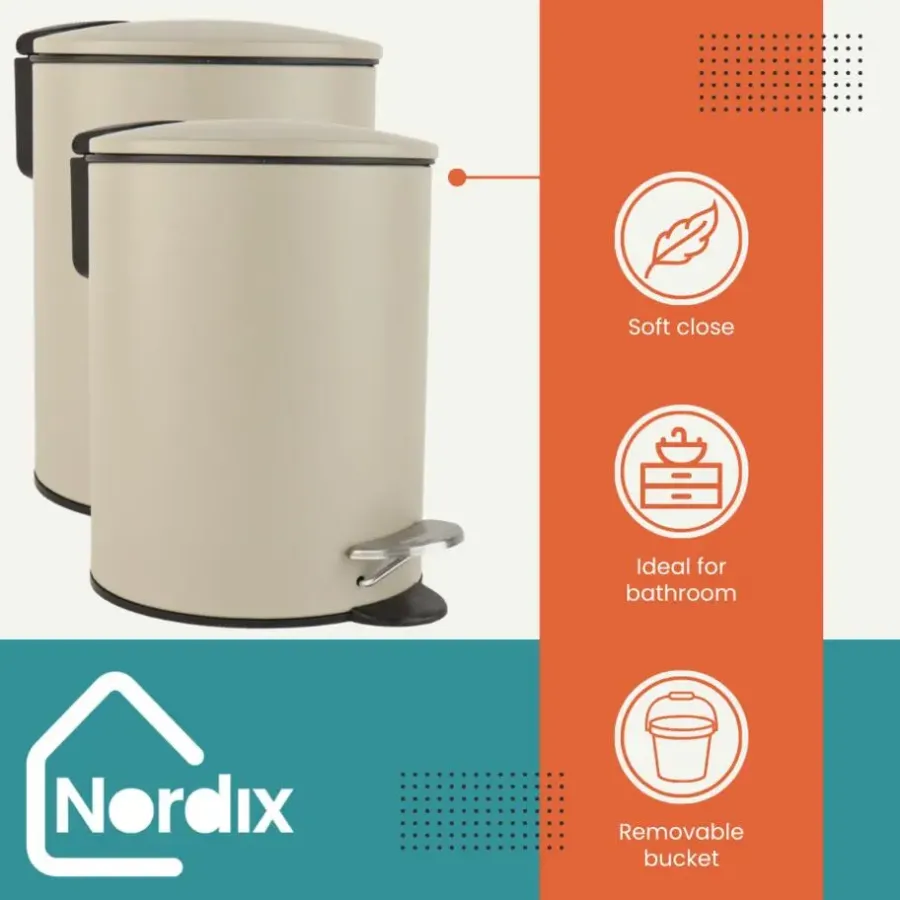 Nordix Pedaalemmer 3 Liter 2 stuks Badkamer Toilet Beige Metaal