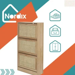 Schoenenkasten-Nordix Schoenenkast met 3 Lades Schoenen Opbergsysteem Rotan Bruin Hout