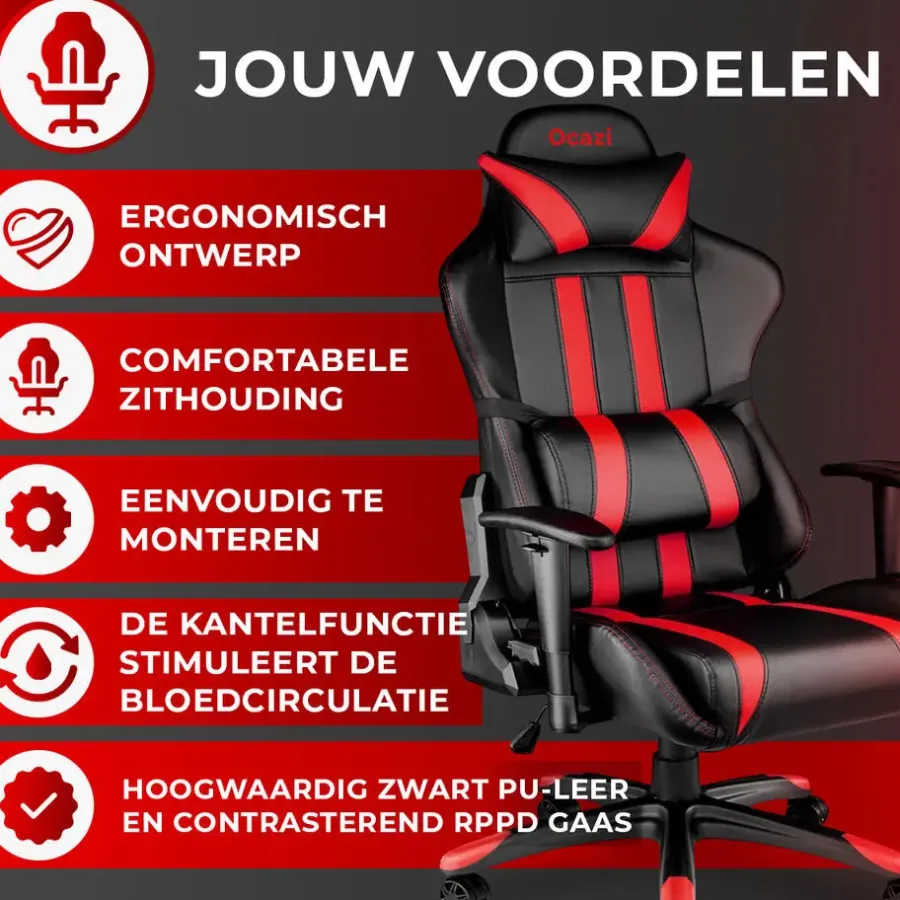 Gamestoelen-Ocazi Chicago Gaming stoel - Bureaustoel - Zwart/Rood