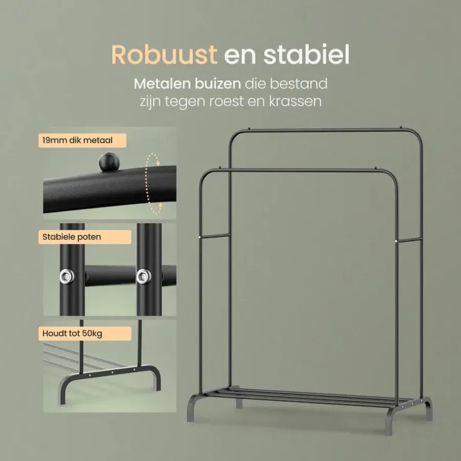 O'DADDY Dubbel Kledingrek Metaal Zwart met Schoenenrek 110x54x(130-150)cm