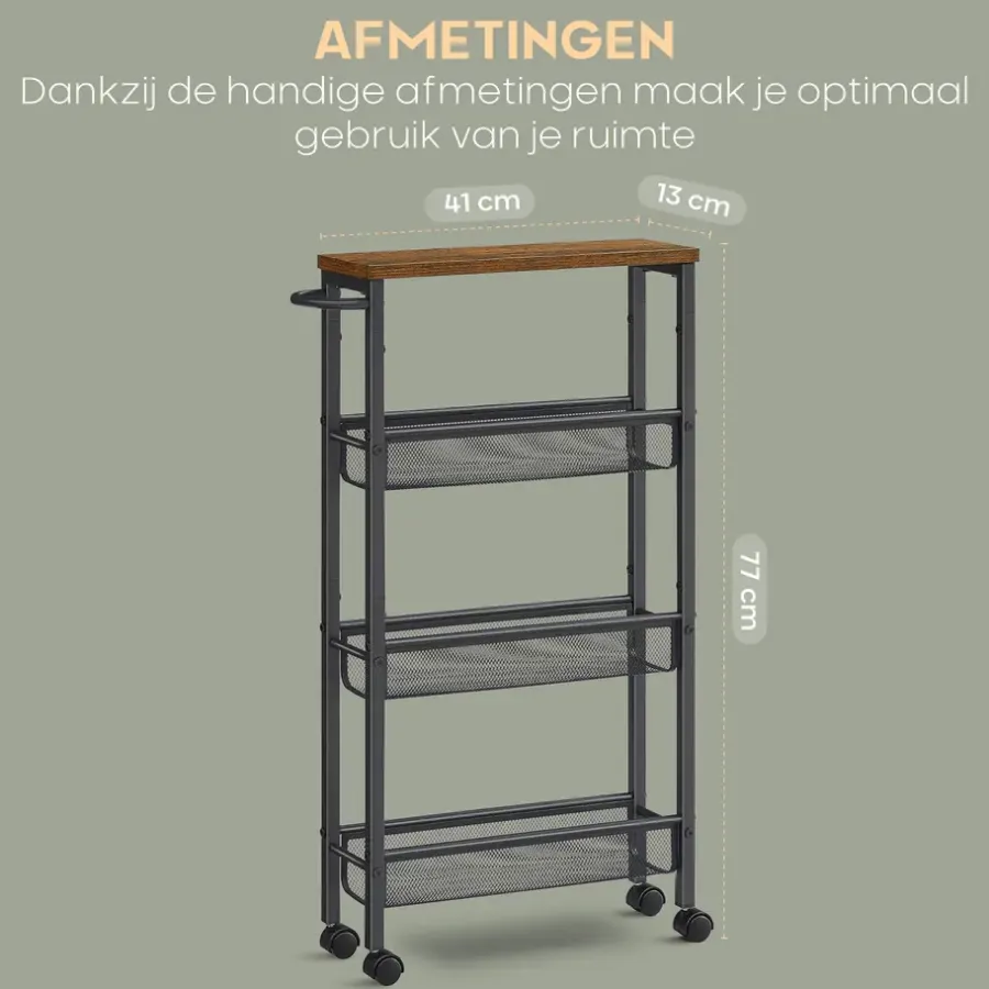 Trolleys-O'DADDY Keukentrolley - Industrieel Design - Bruin Hout/Zwart Metaal