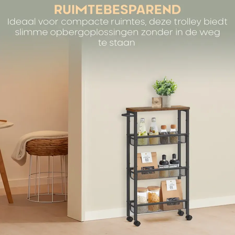 Trolleys-O'DADDY Keukentrolley - Industrieel Design - Bruin Hout/Zwart Metaal