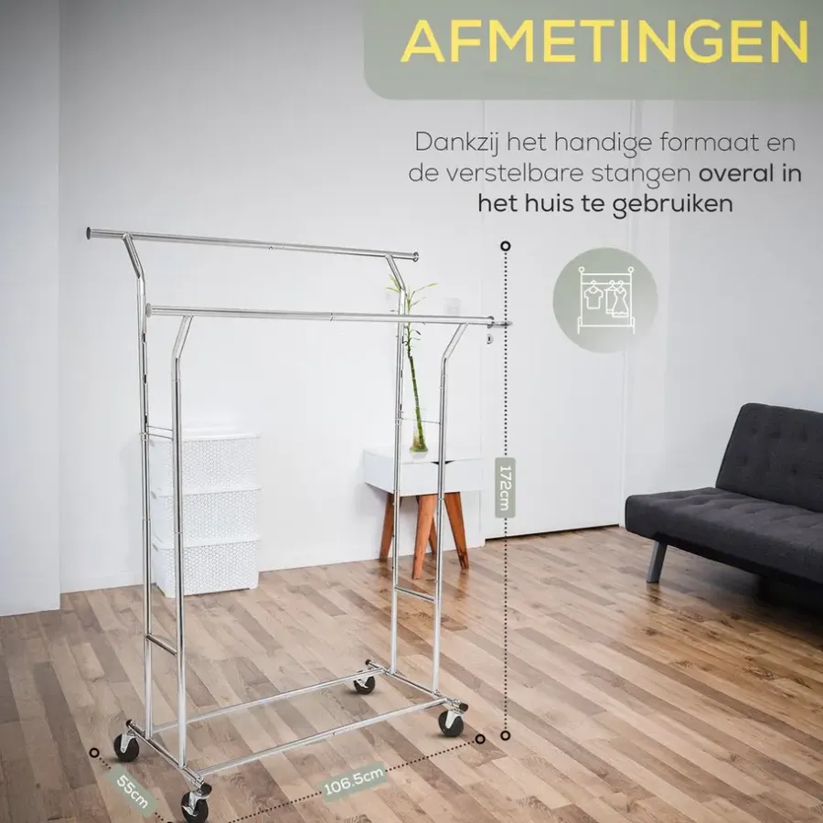 Kledingopbergers|Kledingrekken-O'DADDY Kledingrek - Dubbele Stang - Uitschuifbaar & Verstelbaar - 110 kg