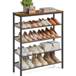 Kledingopbergers-O'DADDY Schoenenrek 5-Laags - Industrieel Design - Bruin Hout/Zwart Metaal